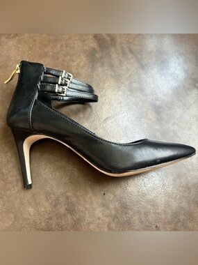 BCBG generation opera size 7.5 heels with triple ankle strap, black leather.
